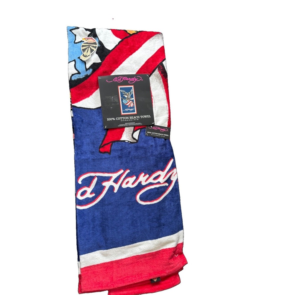 Ed Hardy American Eagle Flag Beach Towel 36x68 100% Cotton NWT Patriotic Y2K